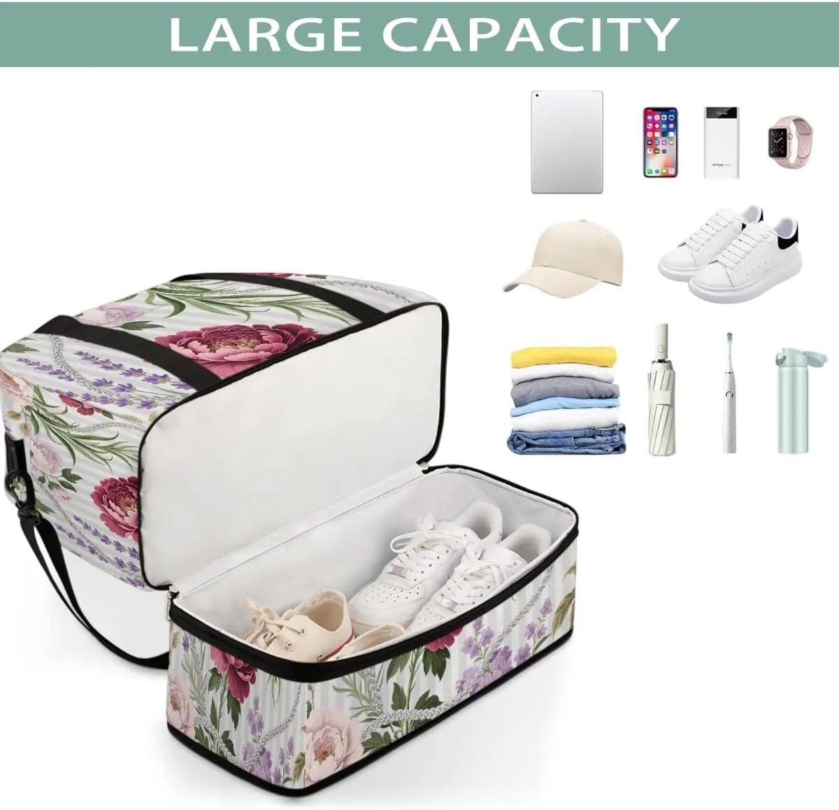 Sports Gym Bag Ethnic Style Peony Flat Large Travel Duffel Bag With Shoe Compartment Foldable Waterproof Carry-On Weekend Travel Bags for Camping Overnight Yoga Hospital Travel Bags
