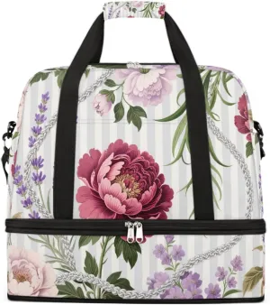 Sports Gym Bag Ethnic Style Peony Flat Large Travel Duffel Bag With Shoe Compartment Foldable Waterproof Carry-On Weekend Travel Bags for Camping Overnight Yoga Hospital Travel Bags