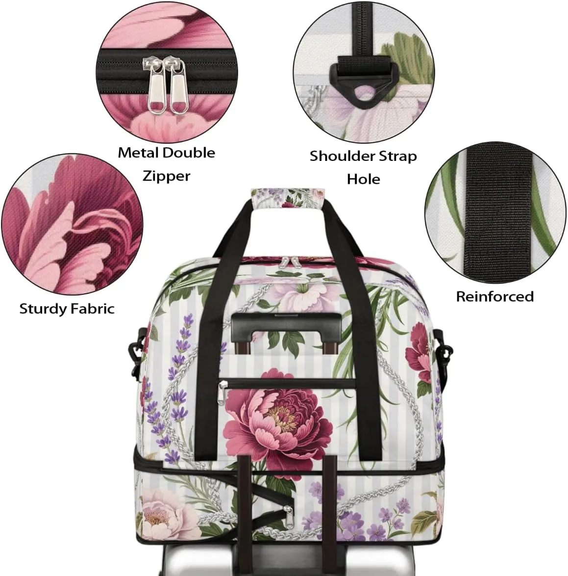 Sports Gym Bag Ethnic Style Peony Flat Large Travel Duffel Bag With Shoe Compartment Foldable Waterproof Carry-On Weekend Travel Bags for Camping Overnight Yoga Hospital Travel Bags