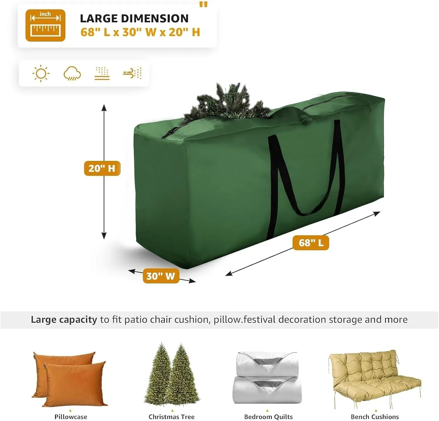 Storage Bag 1 Pack,Cushion Storage Bag Fits Up to 12 ft Tall Artificial Disassembled Trees, Heavy Duty Xmas Tree Bag, Outdoor Cushion Storage Bag with Zippers and Handles 68" L X 30" W X 20"