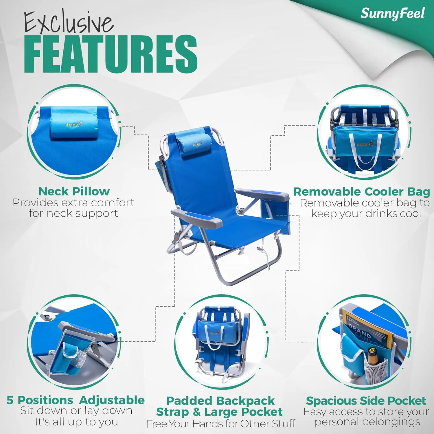 SunnyFeel Low Beach Chairs for Adults, Folding Low Beach Chairs Heavy Duty 5 Position Lay Flat Reclining with Cup Holder,Pillow,Cooler Bag for Sand/Outdoor/Lawn, Portable Camping Chair