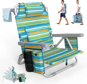 Suteck Beach Chair, Adjustable 5-Position Backpack Beach Chairs for Adults Kids, Foldable Lay Flat Chair with Cooler Bag, Cup Holder and Lumbar Pillow, Reclining Lay Down Chairs for Lawn Outdoor
