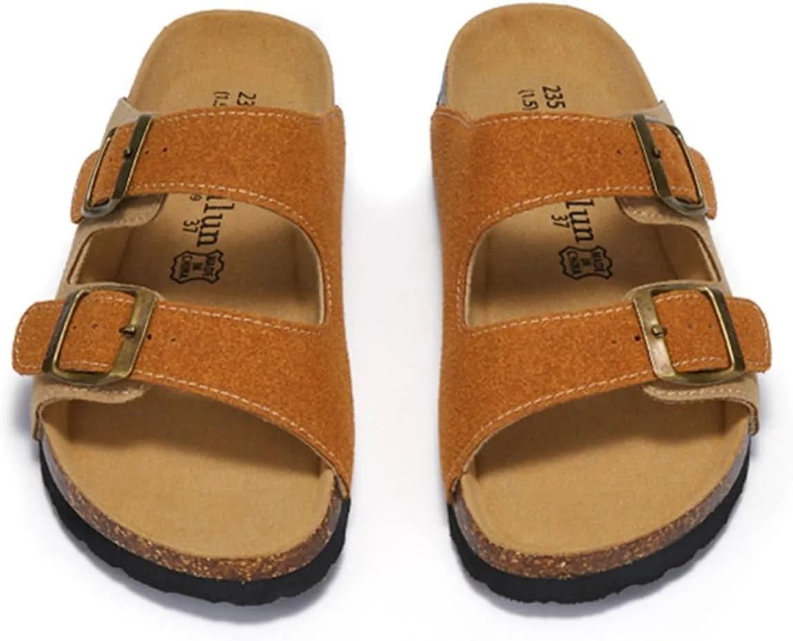 SywzX&xfybz Womens Flat Sandals with Cork Footbed Anti slip frosted leather beach slippers