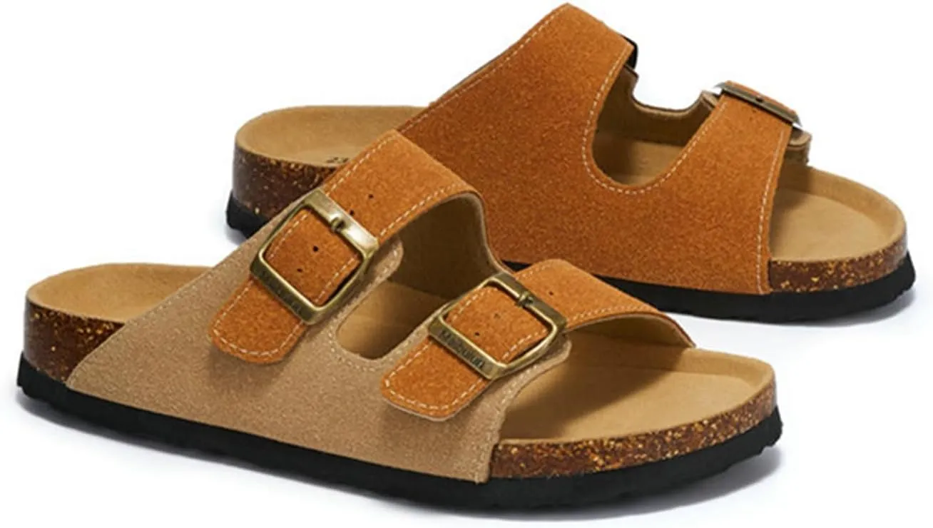 SywzX&xfybz Womens Flat Sandals with Cork Footbed Anti slip frosted leather beach slippers