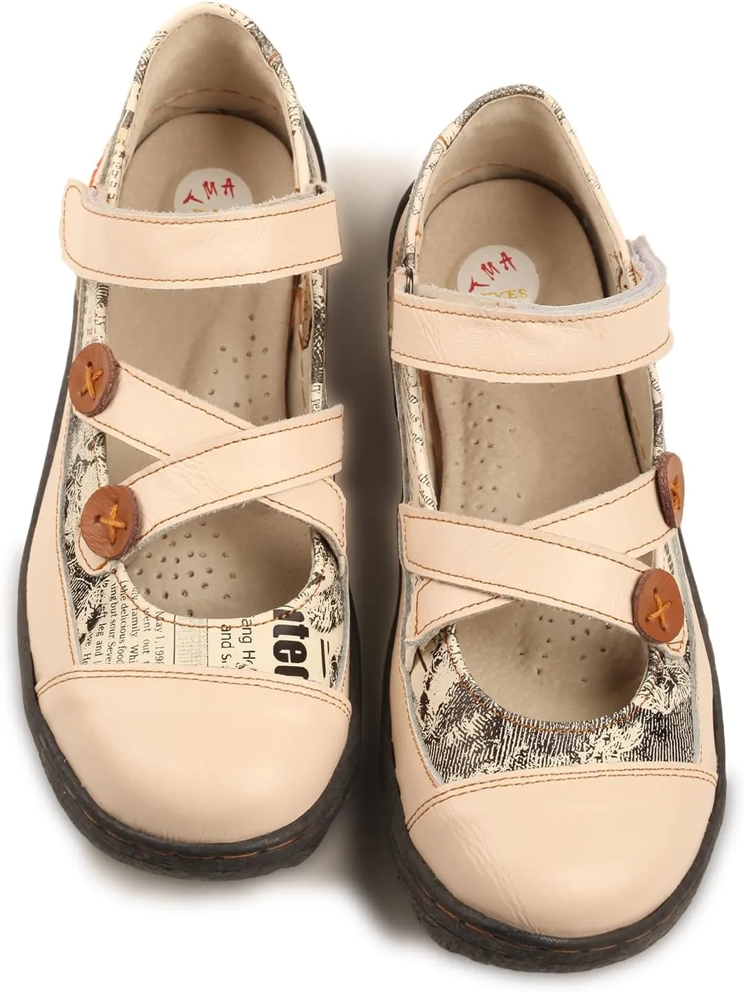 TMA EYES Button Criss Cross Strap Leather Women Flat Shoes