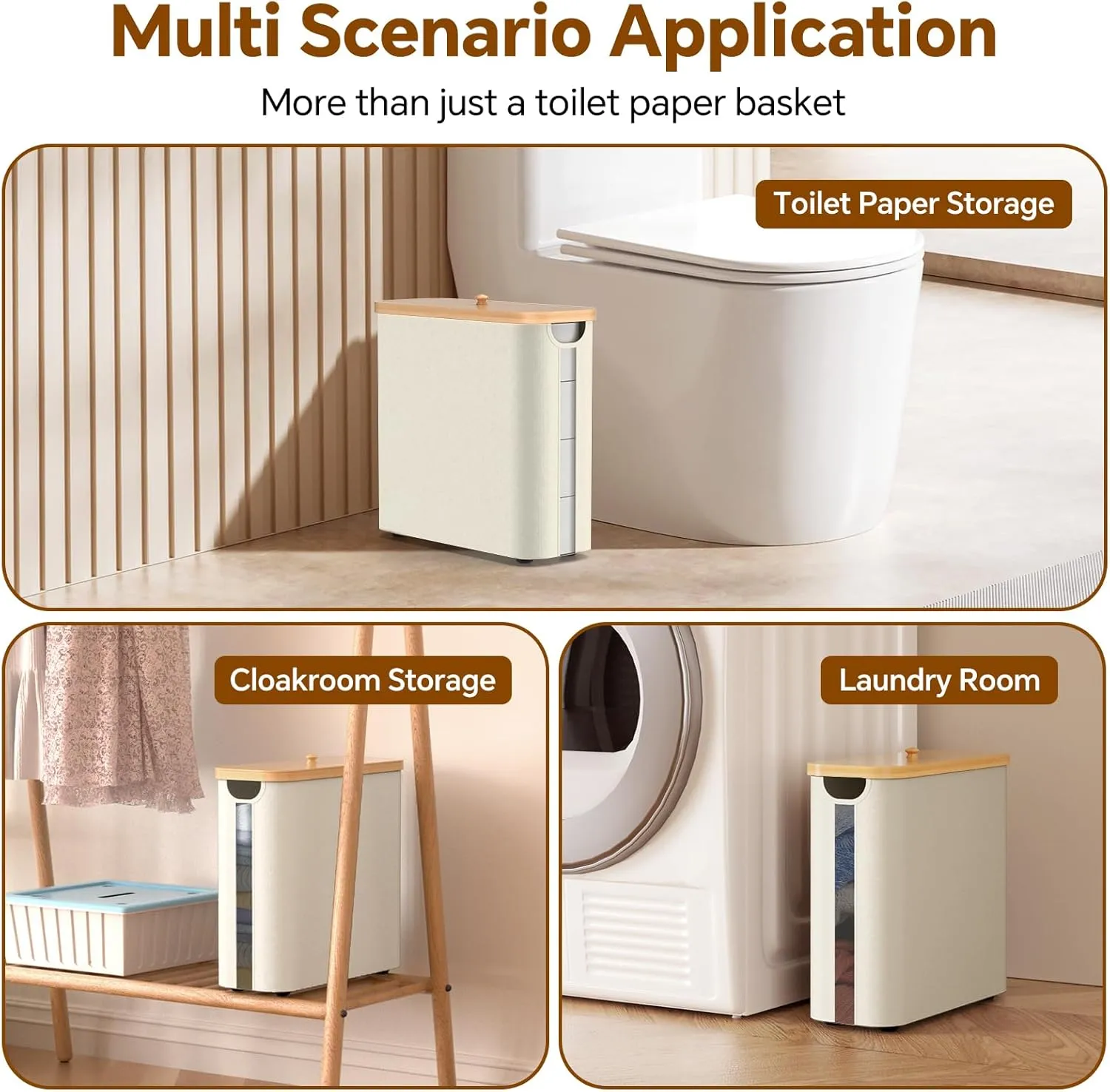 Toilet Paper Storage with Bamboo Lid, 33.8L Foldable Toilet Paper Basket Organizer Holder for up to Regular 30 Rolls Or 12 Mega Rolls, Waterproof Free Standing Toilet Paper Holder for Bathroom, Beige