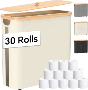 Toilet Paper Storage with Bamboo Lid, 33.8L Foldable Toilet Paper Basket Organizer Holder for up to Regular 30 Rolls Or 12 Mega Rolls, Waterproof Free Standing Toilet Paper Holder for Bathroom, Beige