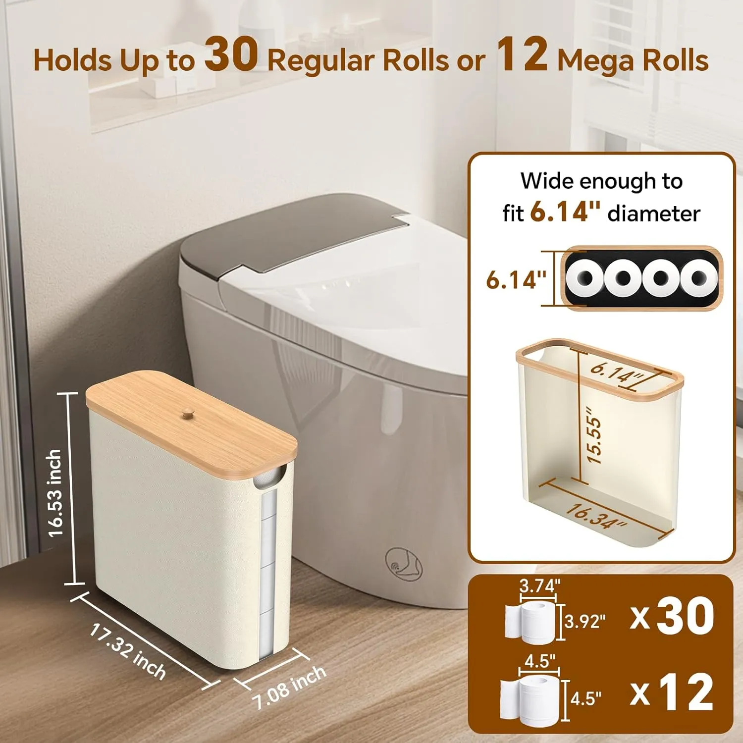 Toilet Paper Storage with Bamboo Lid, 33.8L Foldable Toilet Paper Basket Organizer Holder for up to Regular 30 Rolls Or 12 Mega Rolls, Waterproof Free Standing Toilet Paper Holder for Bathroom, Beige