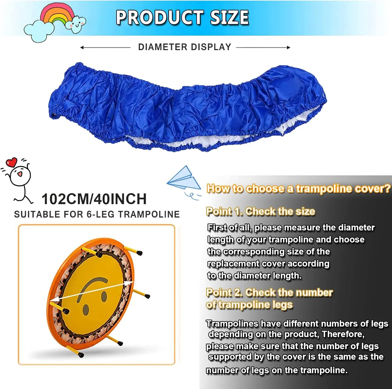 Trampoline Spring Cover 40 Inch Replacement Safety Pad for Mini Trampoline 3 Layer Protect Tear-Resistant Oxford Cloth Easy to Install Replacement for Home, Gym