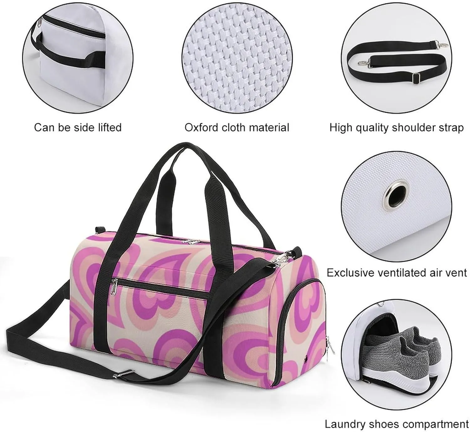 Travel Duffel Bag Hippie Retro Style Valentine's Day with Shoe Compartment and Wet Pocket for Gym