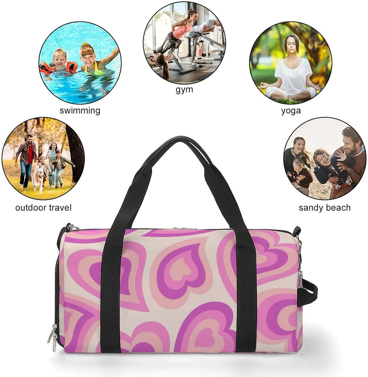 Travel Duffel Bag Hippie Retro Style Valentine's Day with Shoe Compartment and Wet Pocket for Gym