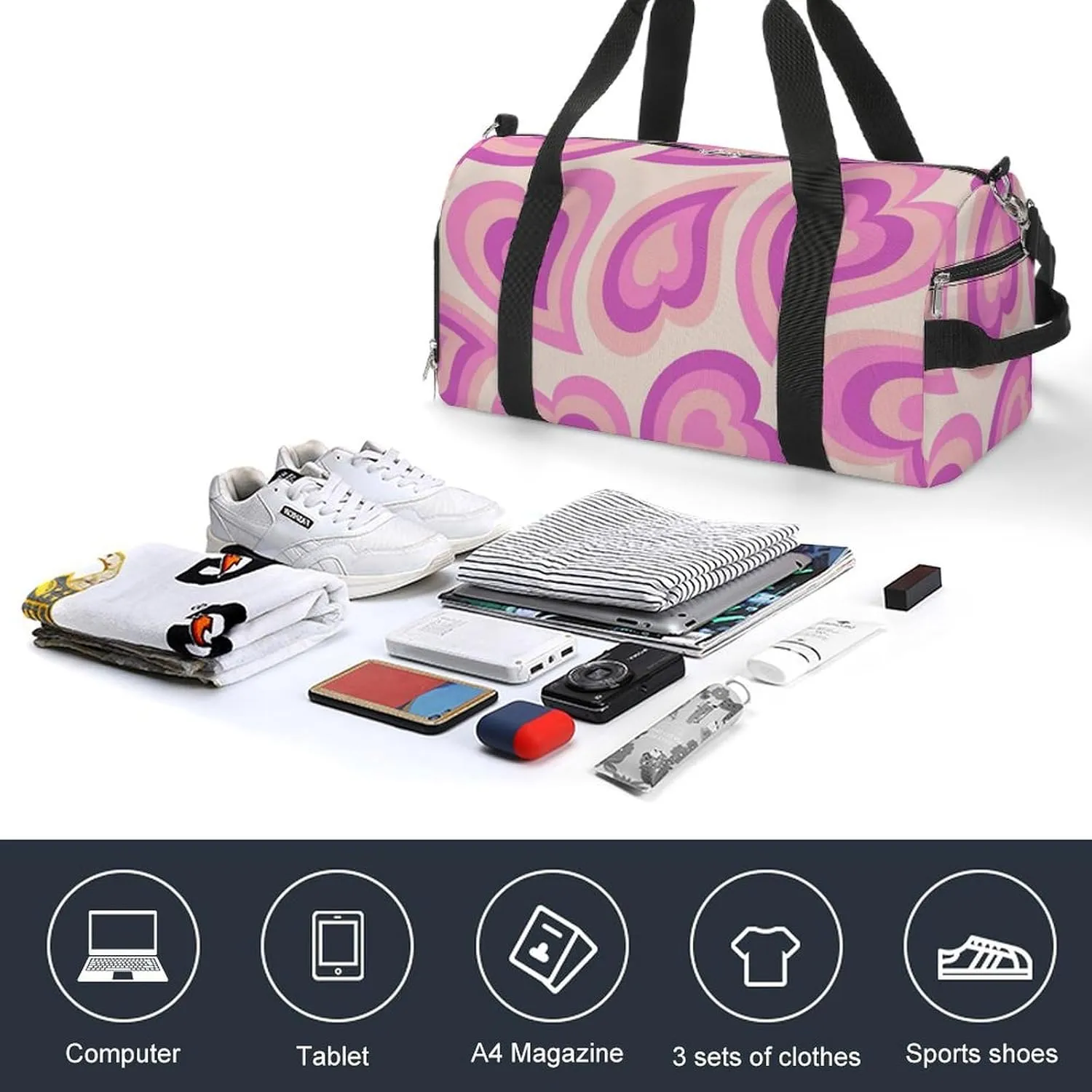 Travel Duffel Bag Hippie Retro Style Valentine's Day with Shoe Compartment and Wet Pocket for Gym