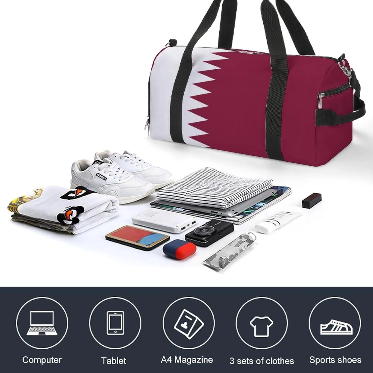 Travel Duffel with Qatar Flag for Boys Girls Waterproof Shoe Compartment