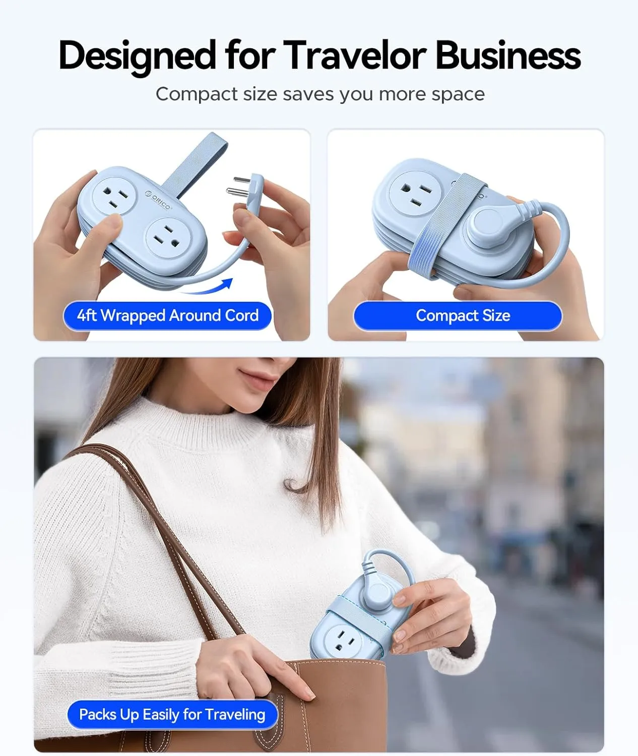 Travel Power Strip with USB C, ORICO 4 Outlets 3 USB Ports (1 USB C) with 4FT Wrapped Short Extension Cord Small Power Strip, Non Surge Protector for Travel, Cruise Ship, Blue