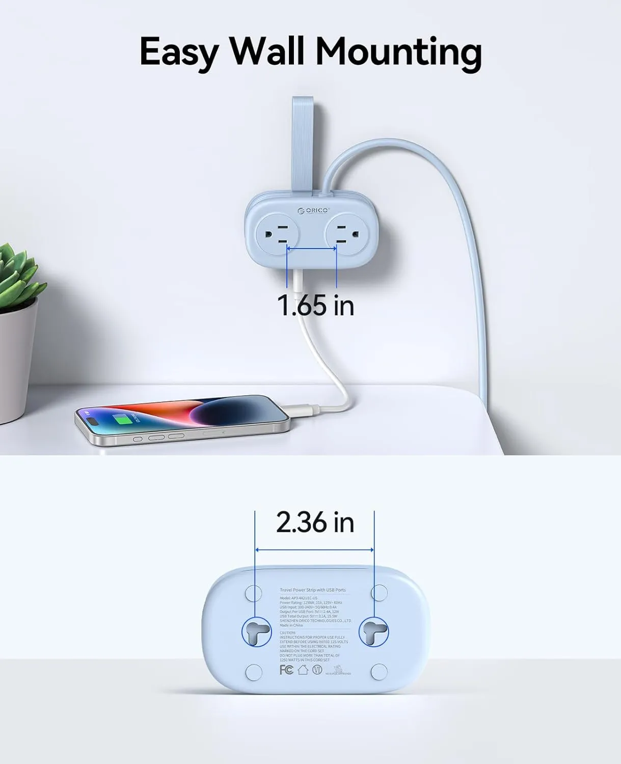 Travel Power Strip with USB C, ORICO 4 Outlets 3 USB Ports (1 USB C) with 4FT Wrapped Short Extension Cord Small Power Strip, Non Surge Protector for Travel, Cruise Ship, Blue