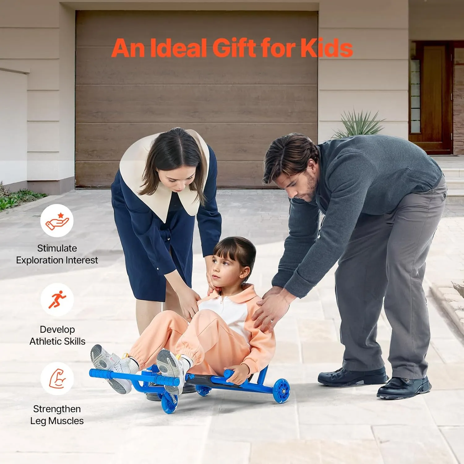 VEVOR Ride-on Scooter, 132 lbs Load Capacity, Swing Side-to-Side for Amazing Ride, Powered by Zig-Zag Motion, Drifts on Any Hard Surface, Ages 4 , Blue