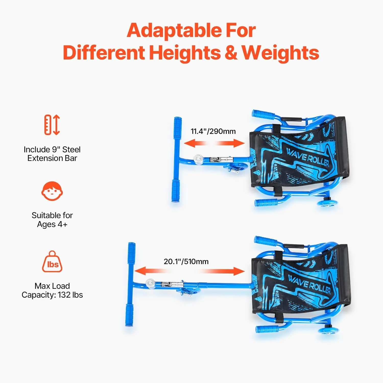 VEVOR Ride-on Scooter, 132 lbs Load Capacity, Swing Side-to-Side for Amazing Ride, Powered by Zig-Zag Motion, Drifts on Any Hard Surface, Ages 4 , Blue
