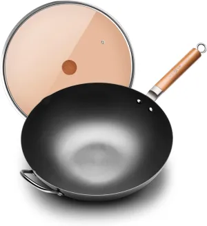 WANGYUANJI Iron Wok,14.2" Woks for Stir-fry, Chinese Stir Fry Pan Uncoated, Traditional Flat Bottom Iron Pot for Induction, Electric, Gas, Suitable for All Stoves(Pure Iron Wok)