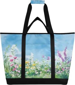 Watercolor Wildflower Reusable Insulated Cooler Bag with Ice Pack Compartment - Large 244L Waterproof Thermal Grocery Tote for Picnic Beach Camping Lunch Storage