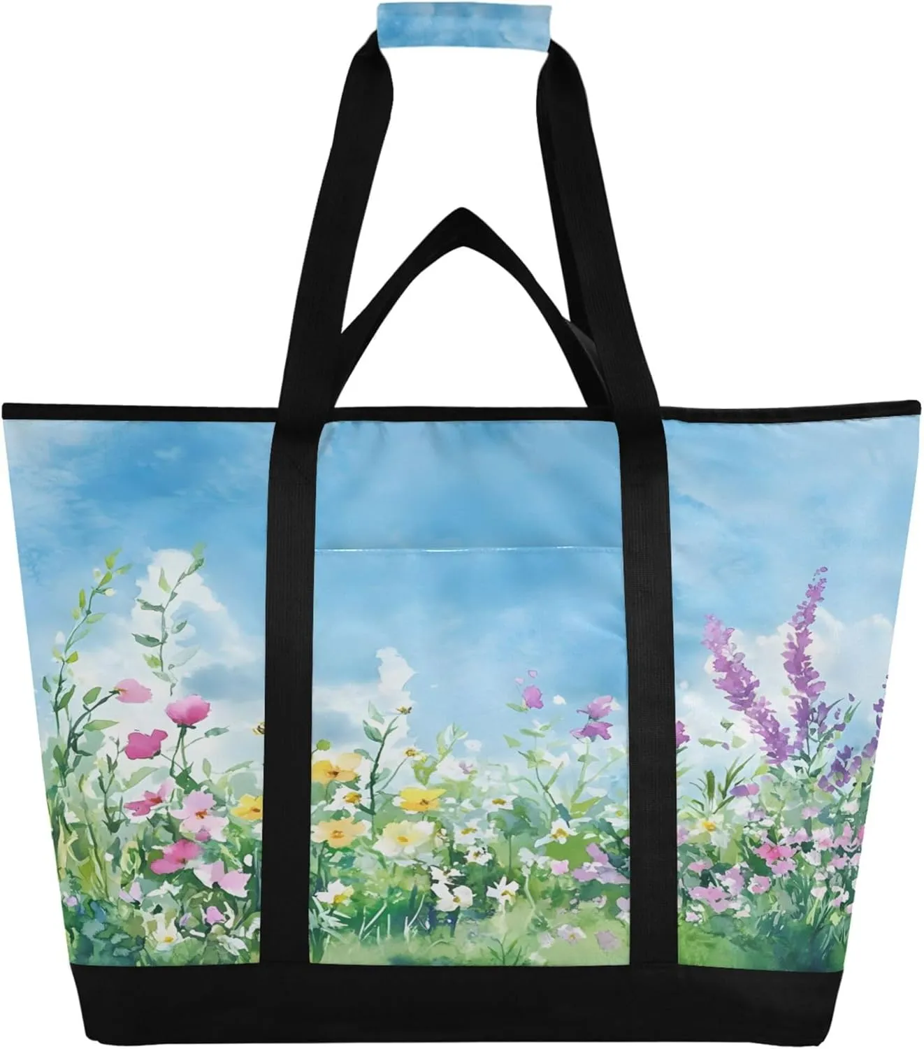 Watercolor Wildflower Reusable Insulated Cooler Bag with Ice Pack Compartment - Large 244L Waterproof Thermal Grocery Tote for Picnic Beach Camping Lunch Storage