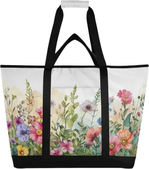 Wildflowers Reusable Insulated Cooler Bag with Ice Pack Compartment - Large 149L Waterproof Thermal Grocery Tote for Picnic Beach Camping Lunch Storage