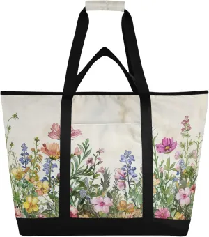 Wildflowers Reusable Insulated Cooler Bag with Ice Pack Compartment - Large 153L Waterproof Thermal Grocery Tote for Picnic Beach Camping Lunch Storage