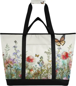 Wildflowers Reusable Insulated Cooler Bag with Ice Pack Compartment - Large 157L Waterproof Thermal Grocery Tote for Picnic Beach Camping Lunch Storage