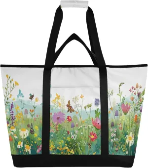 Wildflowers Reusable Insulated Cooler Bag with Ice Pack Compartment - Large 179L Waterproof Thermal Grocery Tote for Picnic Beach Camping Lunch Storage