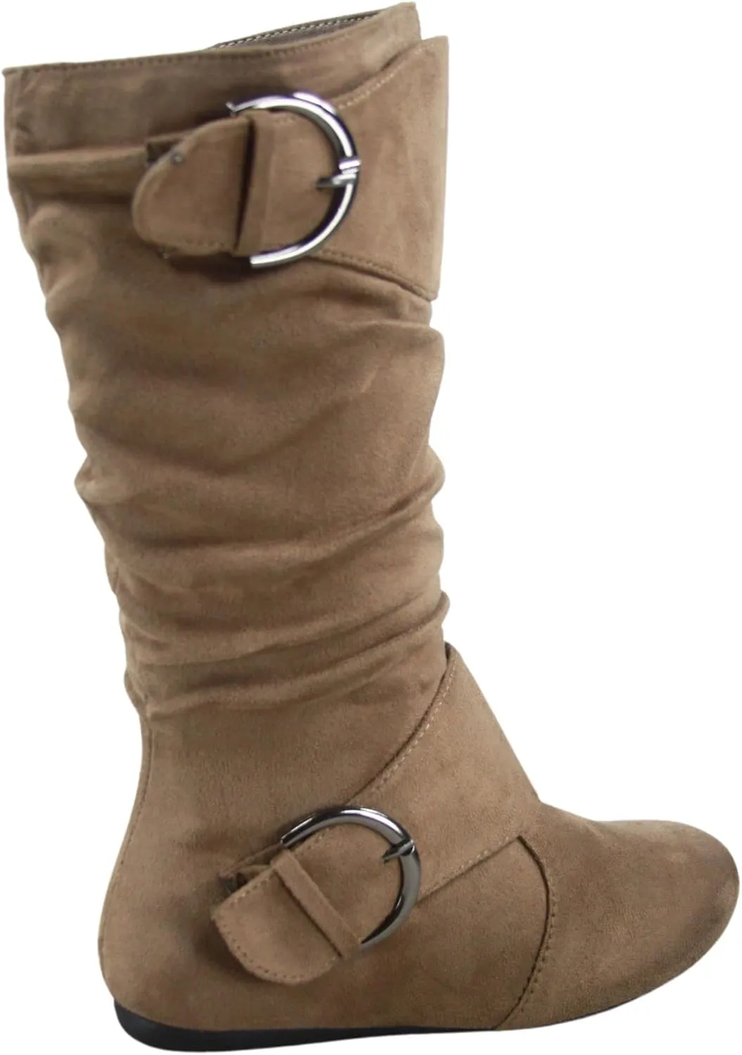 Women's Closed Round Toe Buckle Side Zip Buckle Slouch Flat Heel Mid-Calf Boot