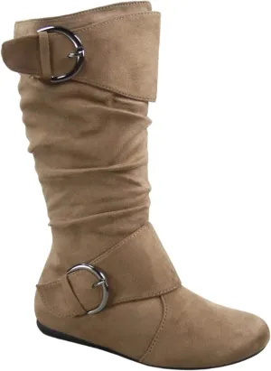 Women's Closed Round Toe Buckle Side Zip Buckle Slouch Flat Heel Mid-Calf Boot