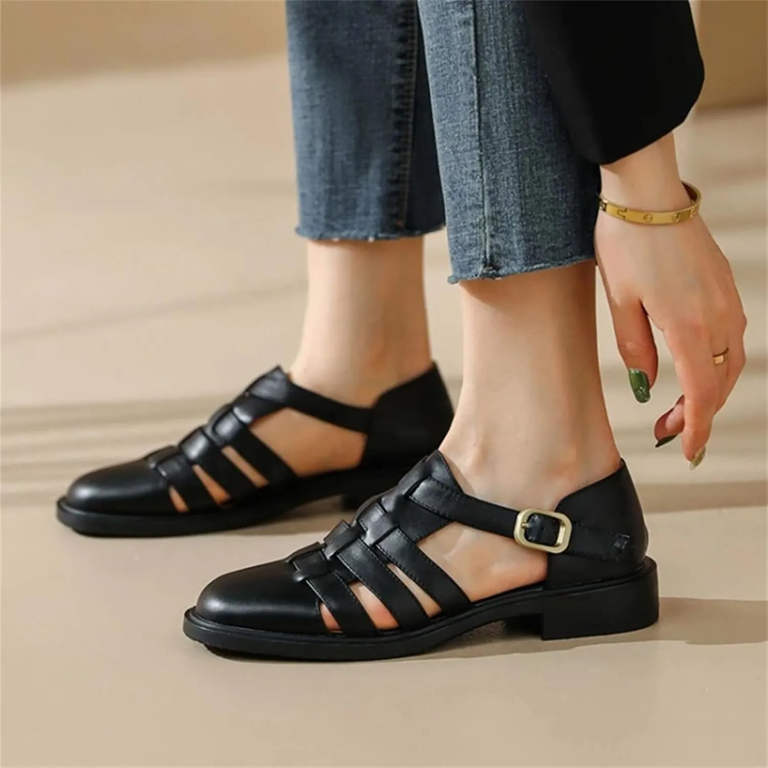 Women's Criss-Cross Strap Sandals, Button Detail Leather Casual Flat