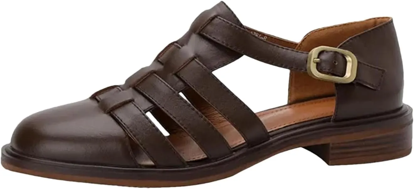 Women's Criss-Cross Strap Sandals, Button Detail Leather Casual Flat