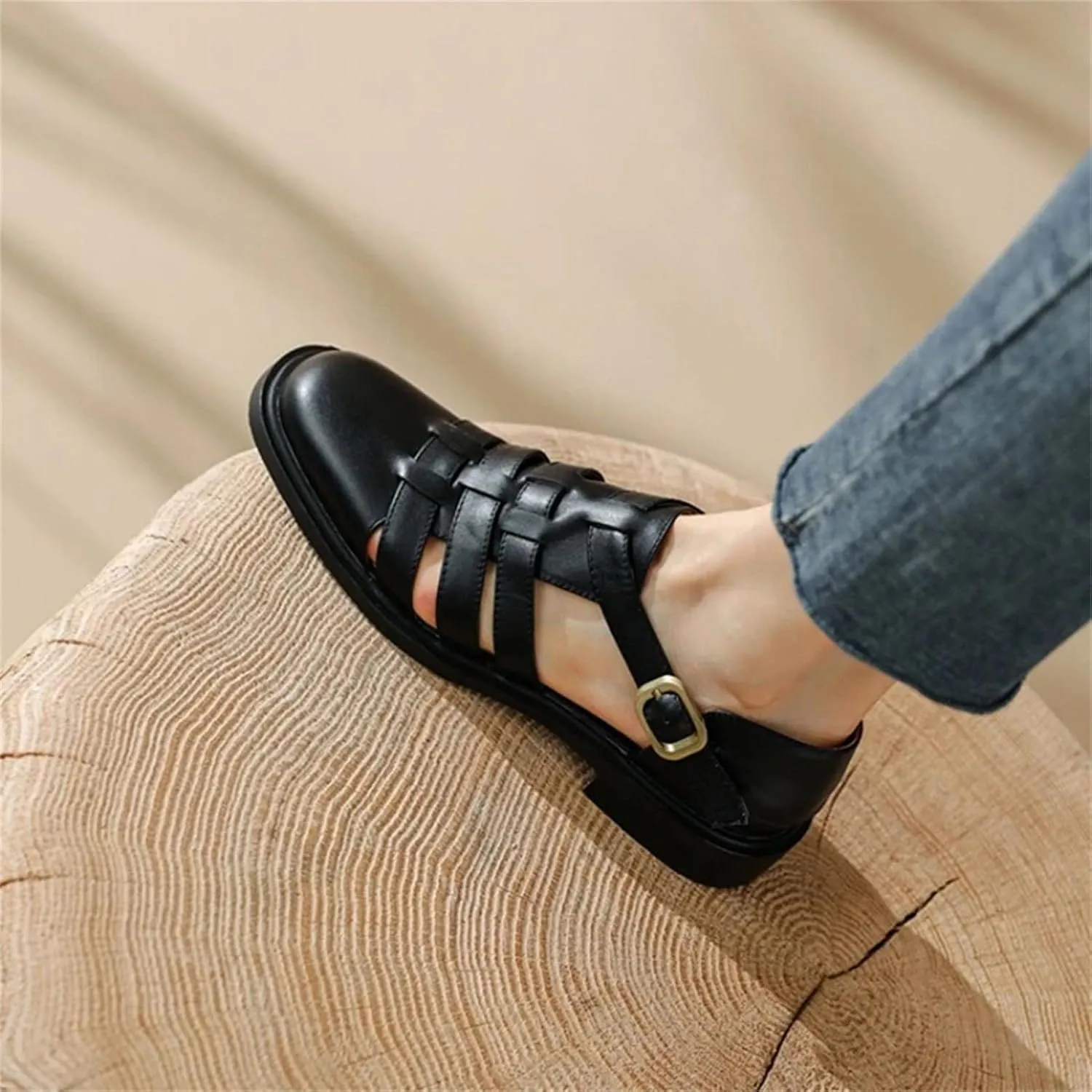 Women's Criss-Cross Strap Sandals, Button Detail Leather Casual Flat