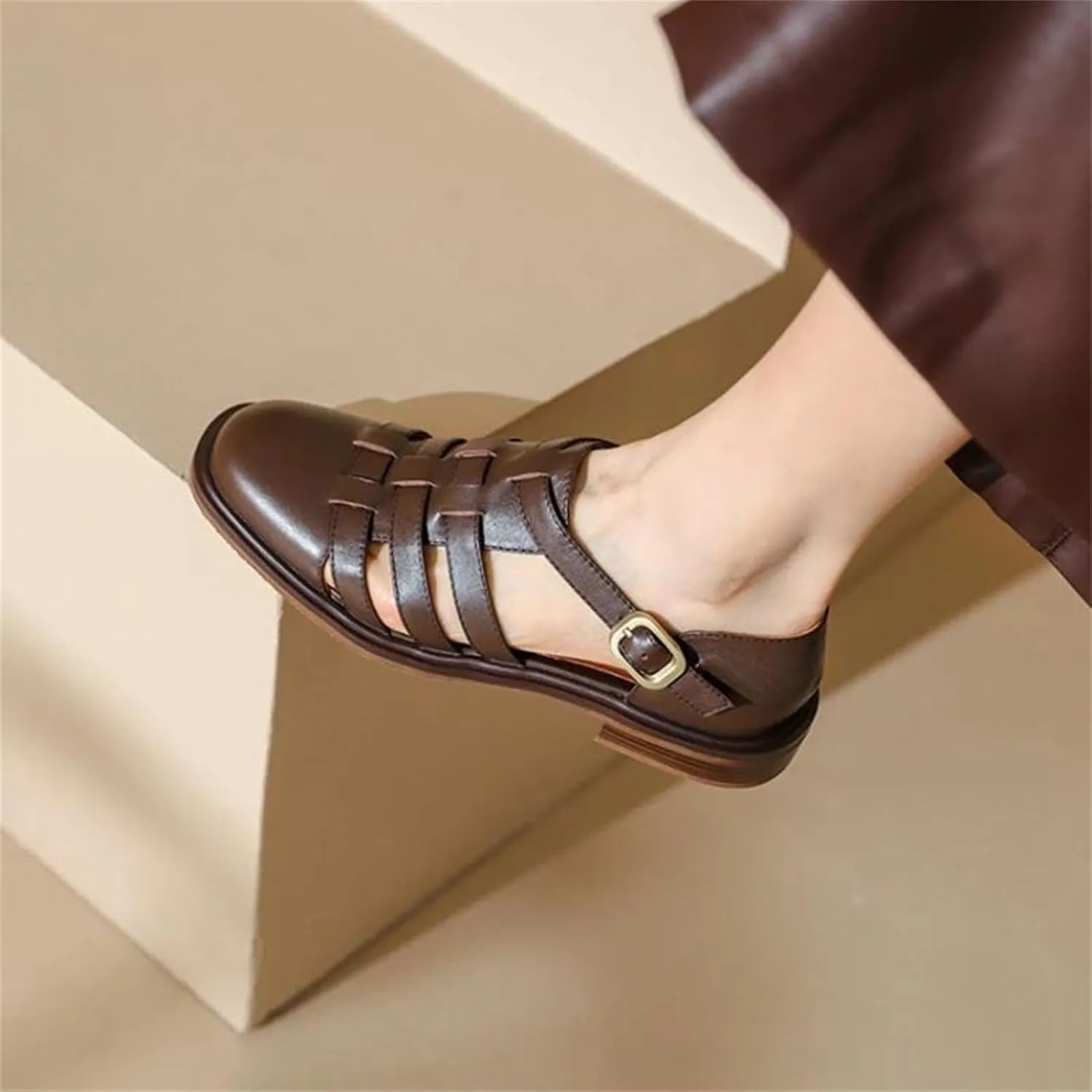 Women's Criss-Cross Strap Sandals, Button Detail Leather Casual Flat