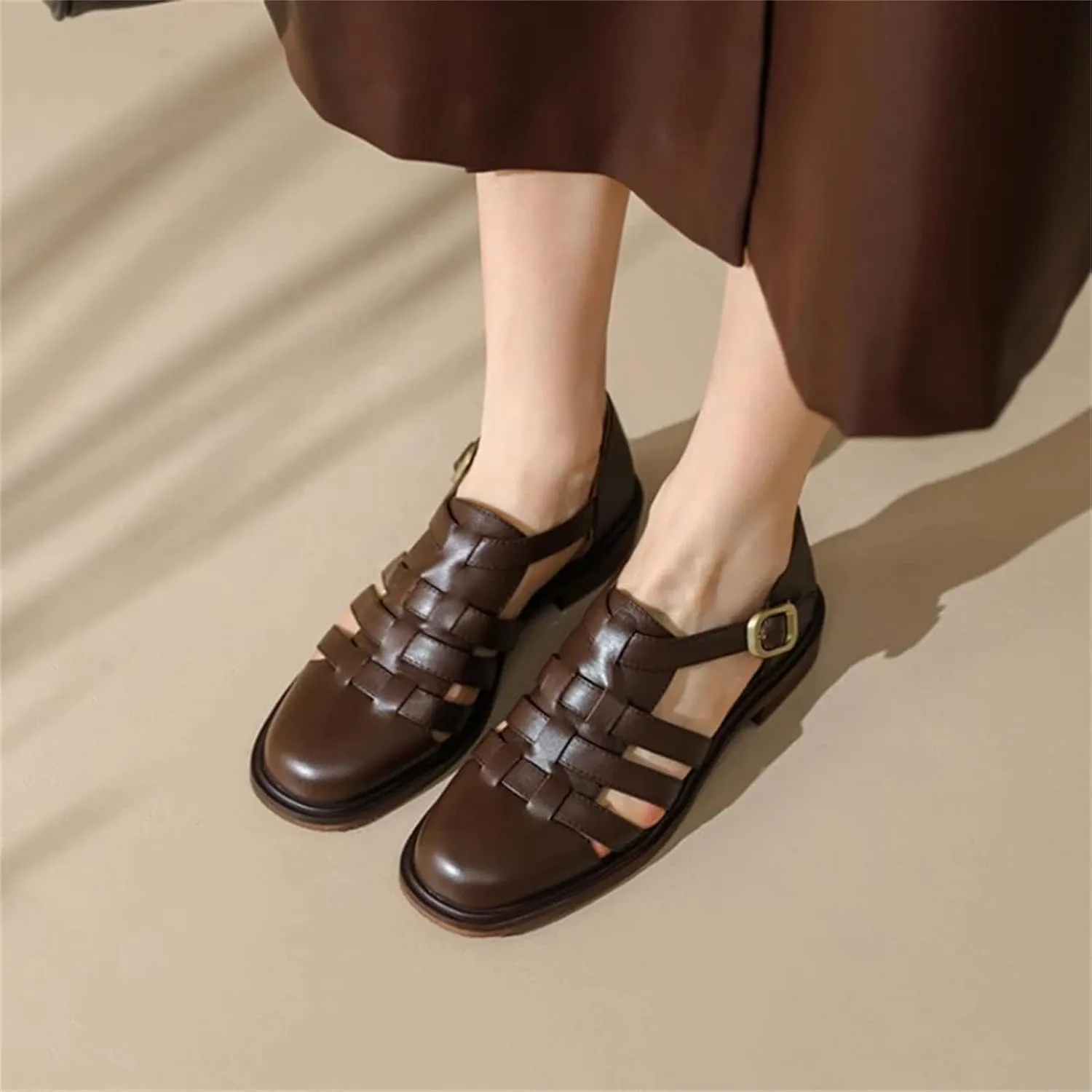 Women's Criss-Cross Strap Sandals, Button Detail Leather Casual Flat