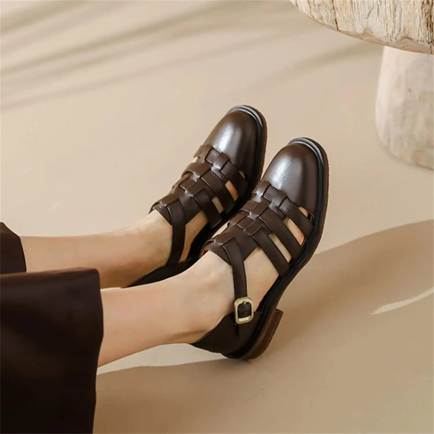 Women's Criss-Cross Strap Sandals, Button Detail Leather Casual Flat