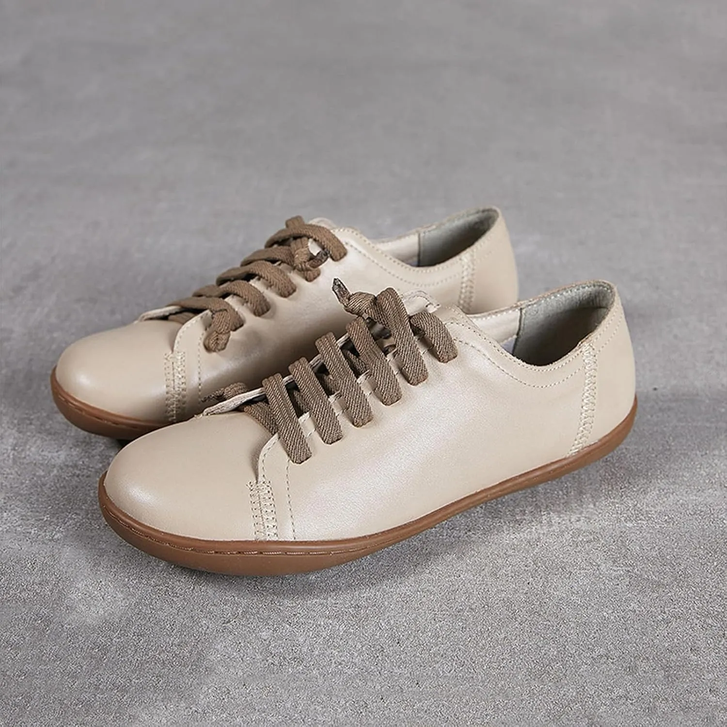 Women'S Genuine Leather Lace-Up Casual Barefoot Shoes Comfort Widen Round Toe Zero Drop Lightweight Soft Bottom Sneakers Leisure Office Work Non-Slip Dress Shoes