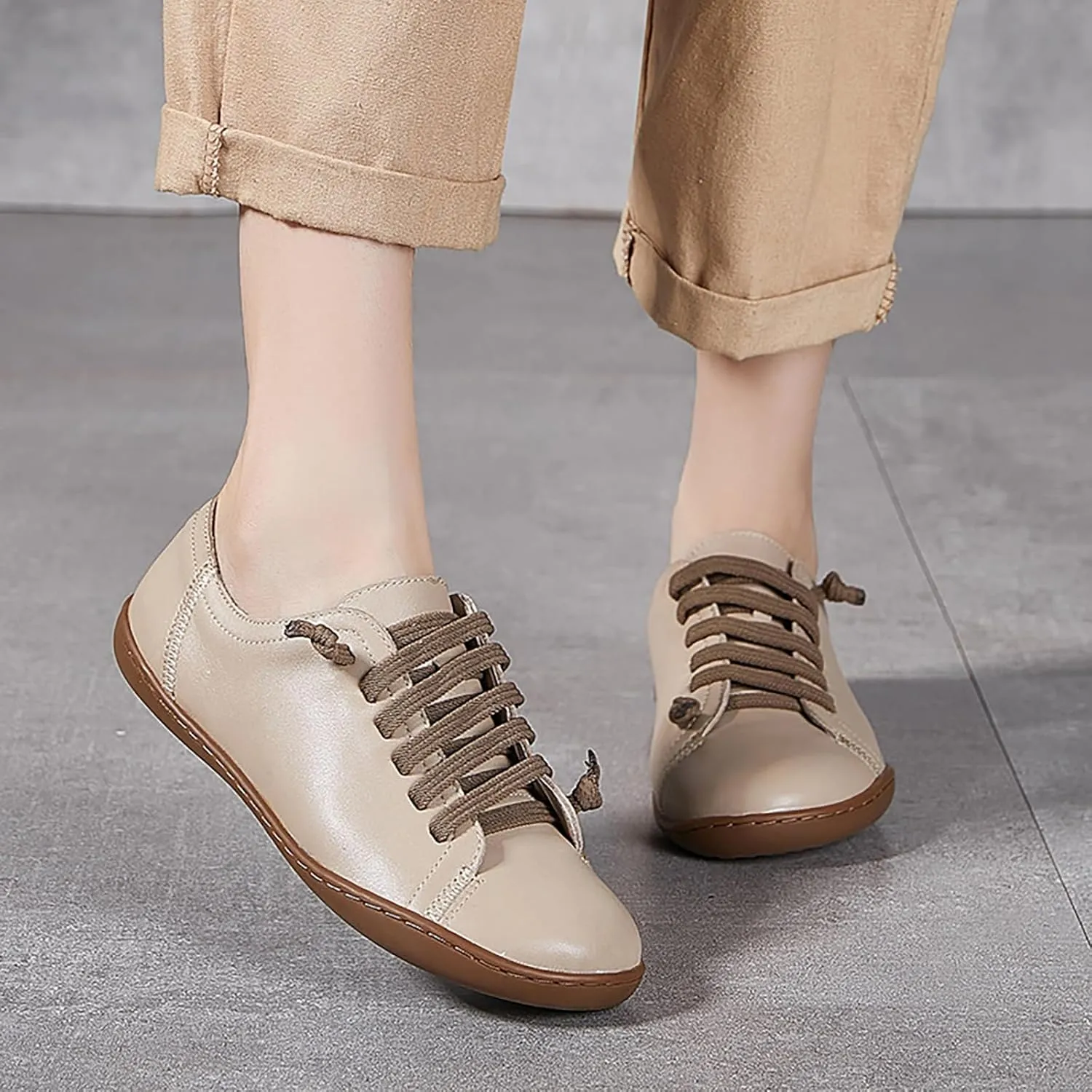 Women'S Genuine Leather Lace-Up Casual Barefoot Shoes Comfort Widen Round Toe Zero Drop Lightweight Soft Bottom Sneakers Leisure Office Work Non-Slip Dress Shoes