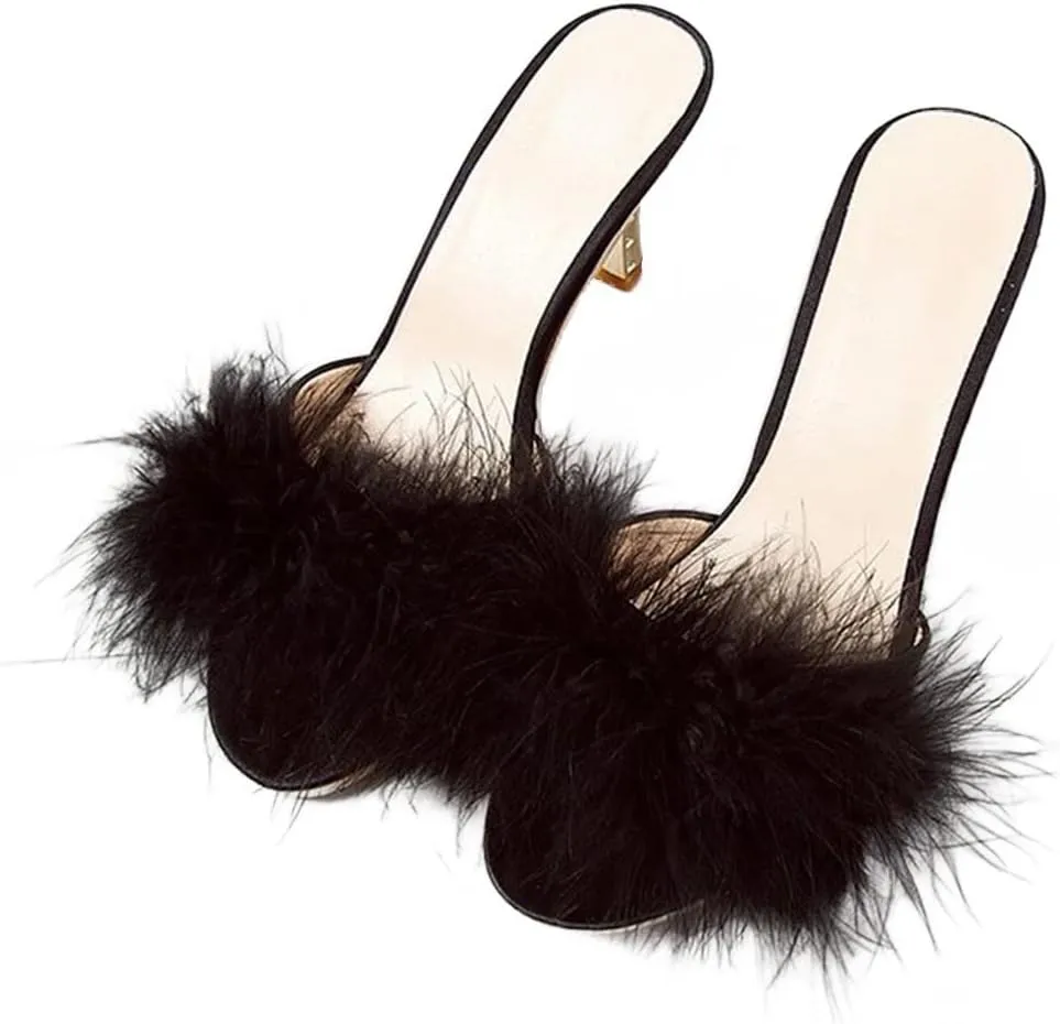 YIBLBOX Women's Round Toe Sandal Fluffy Feather Sexy Slippers Kitten Heeled Slippers