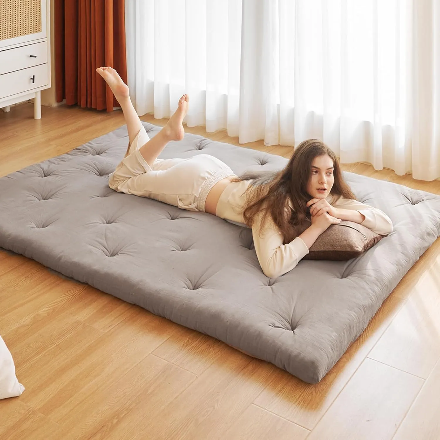 ZonLi Japanese Floor Futon Mattress Queen Size 60"x 80",100% Cotton 2.5'' Thicken Tatami Mattress,Foldable Sleeping Pad,Portable Dormitory Tatami Mat,Roll Up Floor Lounger Bed for Adult (Grey)